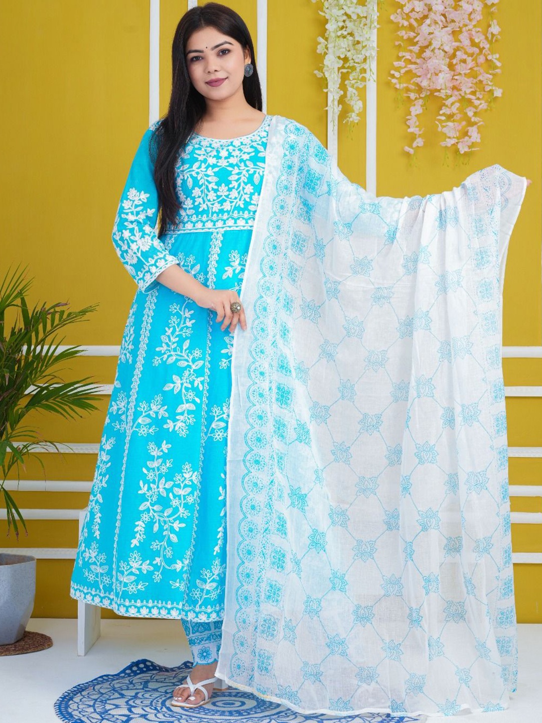 

Fabinn Floral Embroidered Pure Cotton Anarkali Kurta With Trouser & Dupatta, Blue
