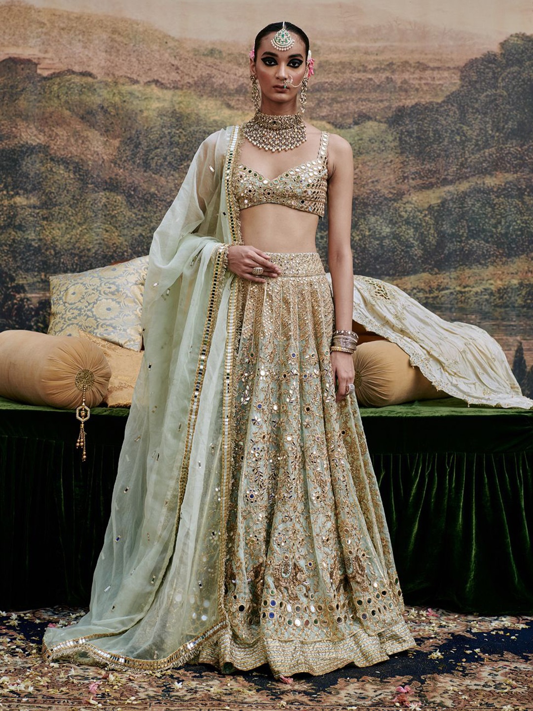 

ITRH Embellished Sequinned Ready to Wear Lehenga & Blouse With Dupatta, Green