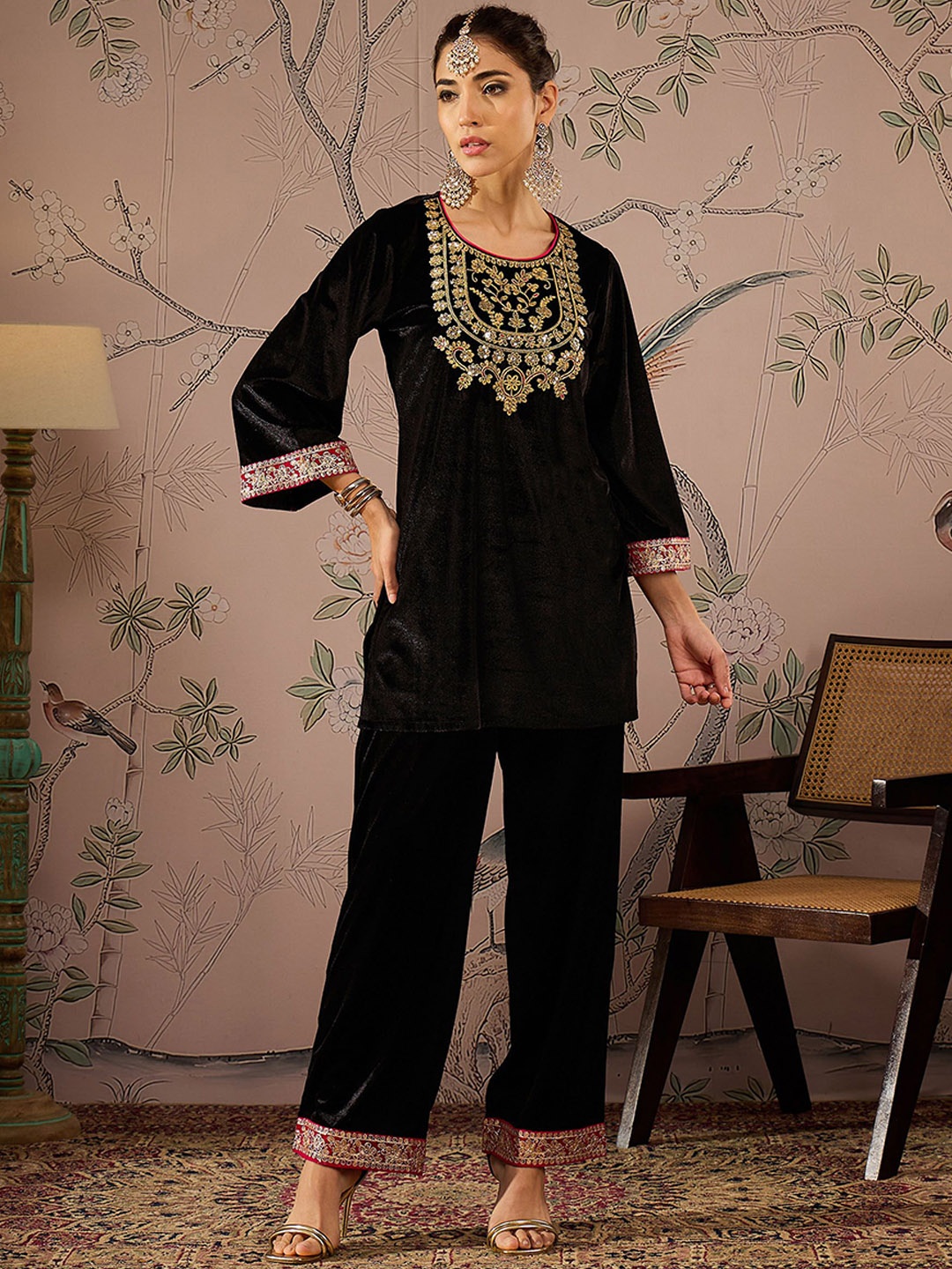 

Shae by SASSAFRAS Floral Embroidered Thread Work Velvet Kurti with Trouser, Black