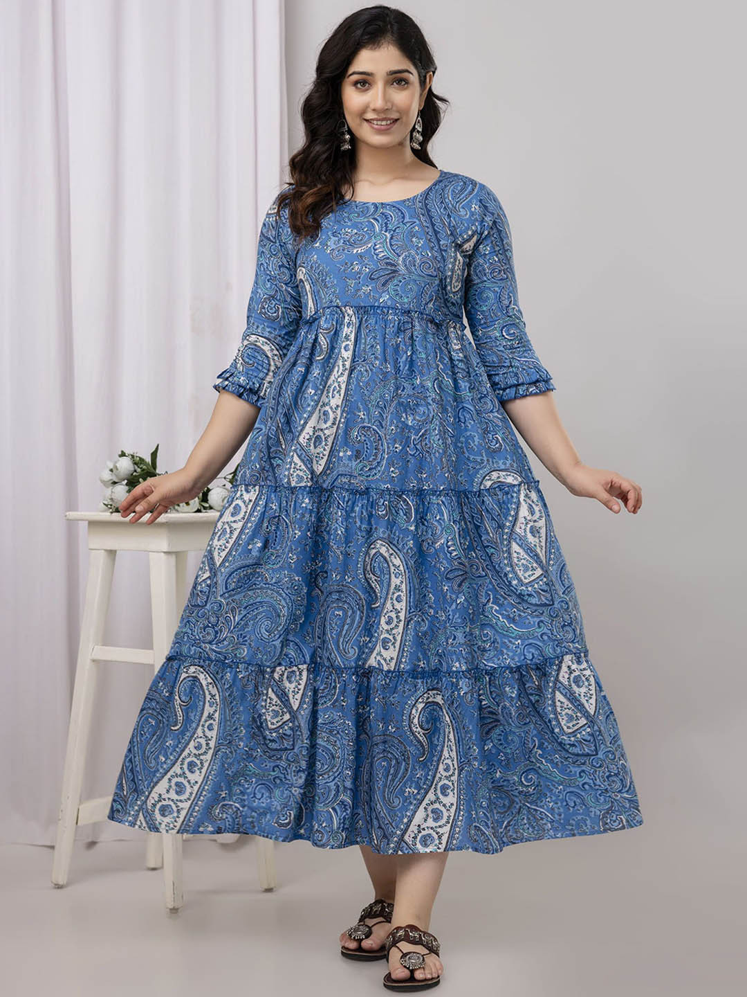 

VARICOS Paisley Printed Round Neck Three-Quarter Sleeves Pure Cotton Ethnic Dress, Blue
