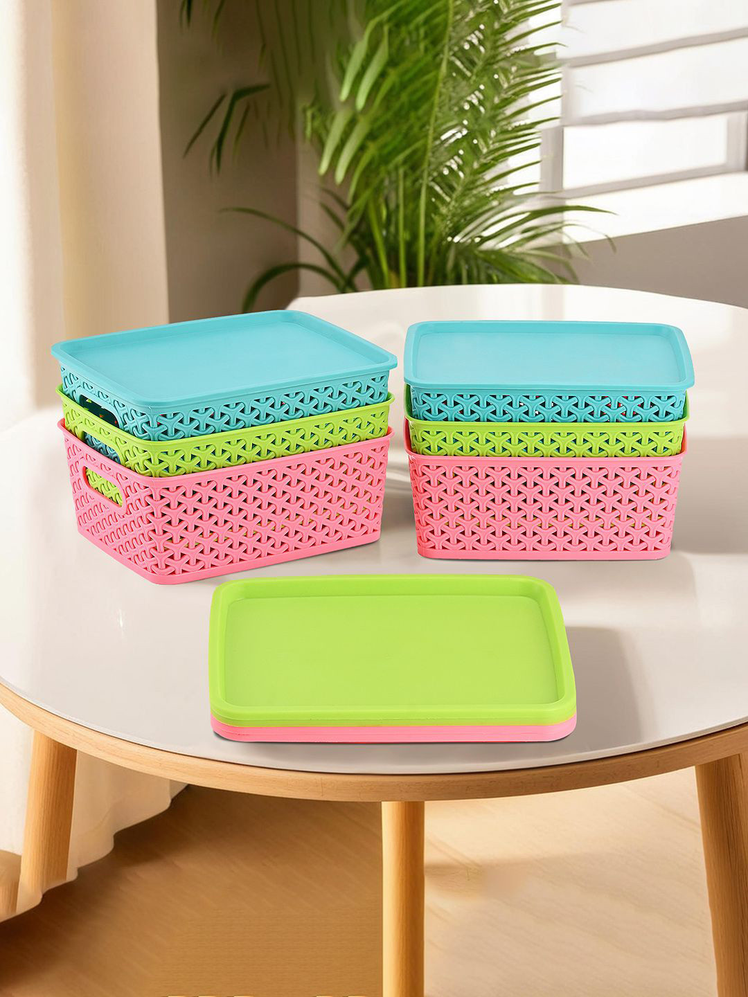 

Kuber Industries Blue & Green 6 Pieces Checked Reusable Tote Basket Organisers