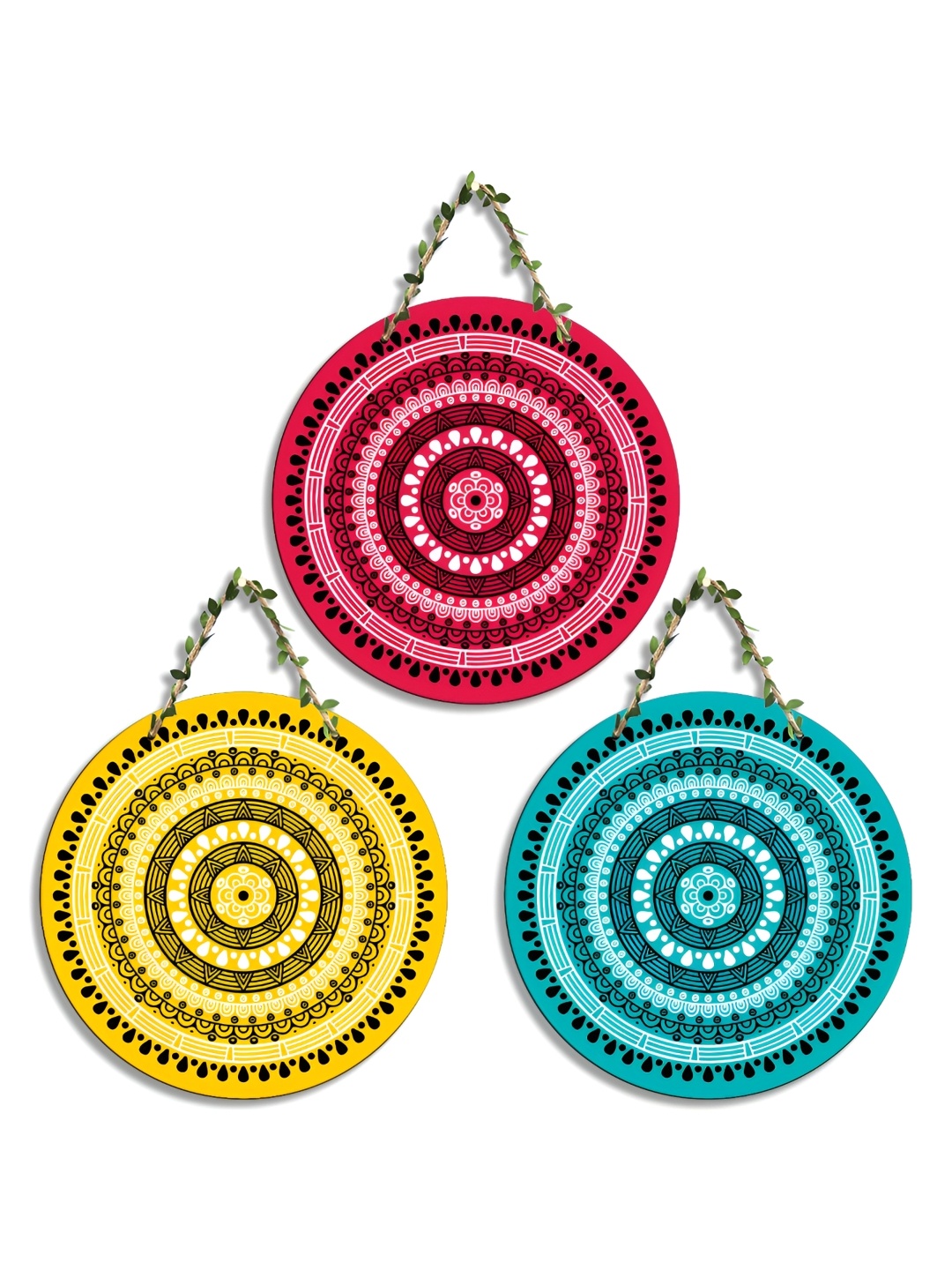 

SEHAZ ARTWORKS Yellow & Blue 3 Pieces Printed Wooden Wall Hangings