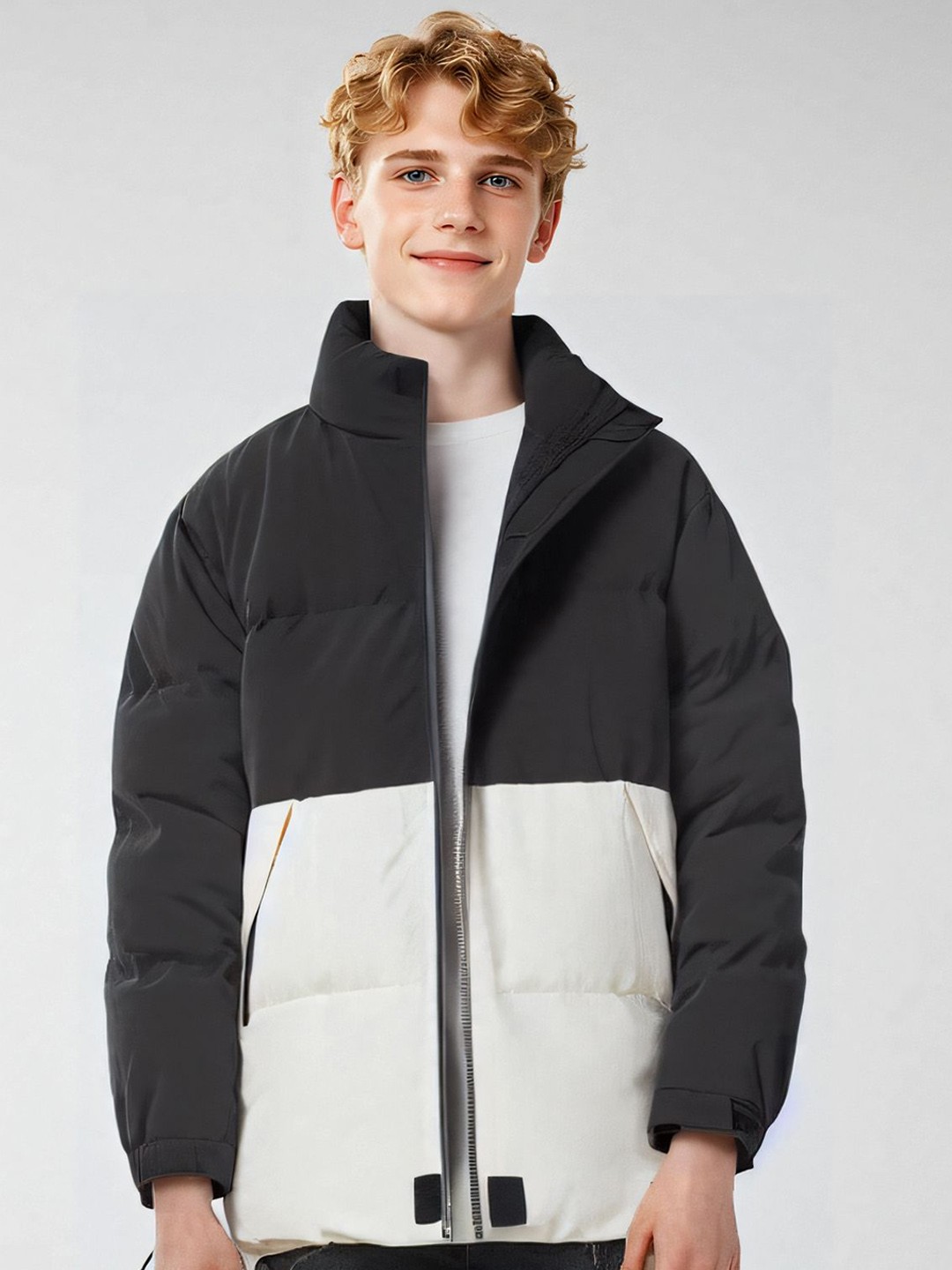 

StyleCast x Revolte Men Mock Collar Colourblocked Casual Padded Jacket, Black
