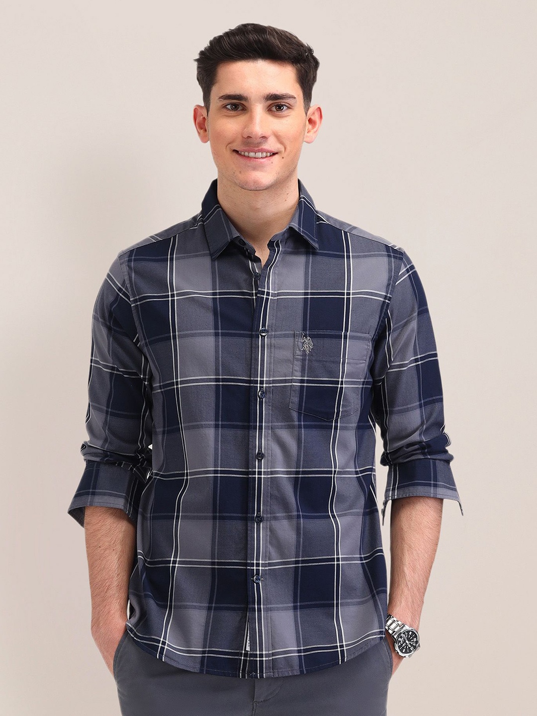 

U.S. Polo Assn. Men Classic Tailored Fit Opaque Checked Casual Shirt, Navy blue