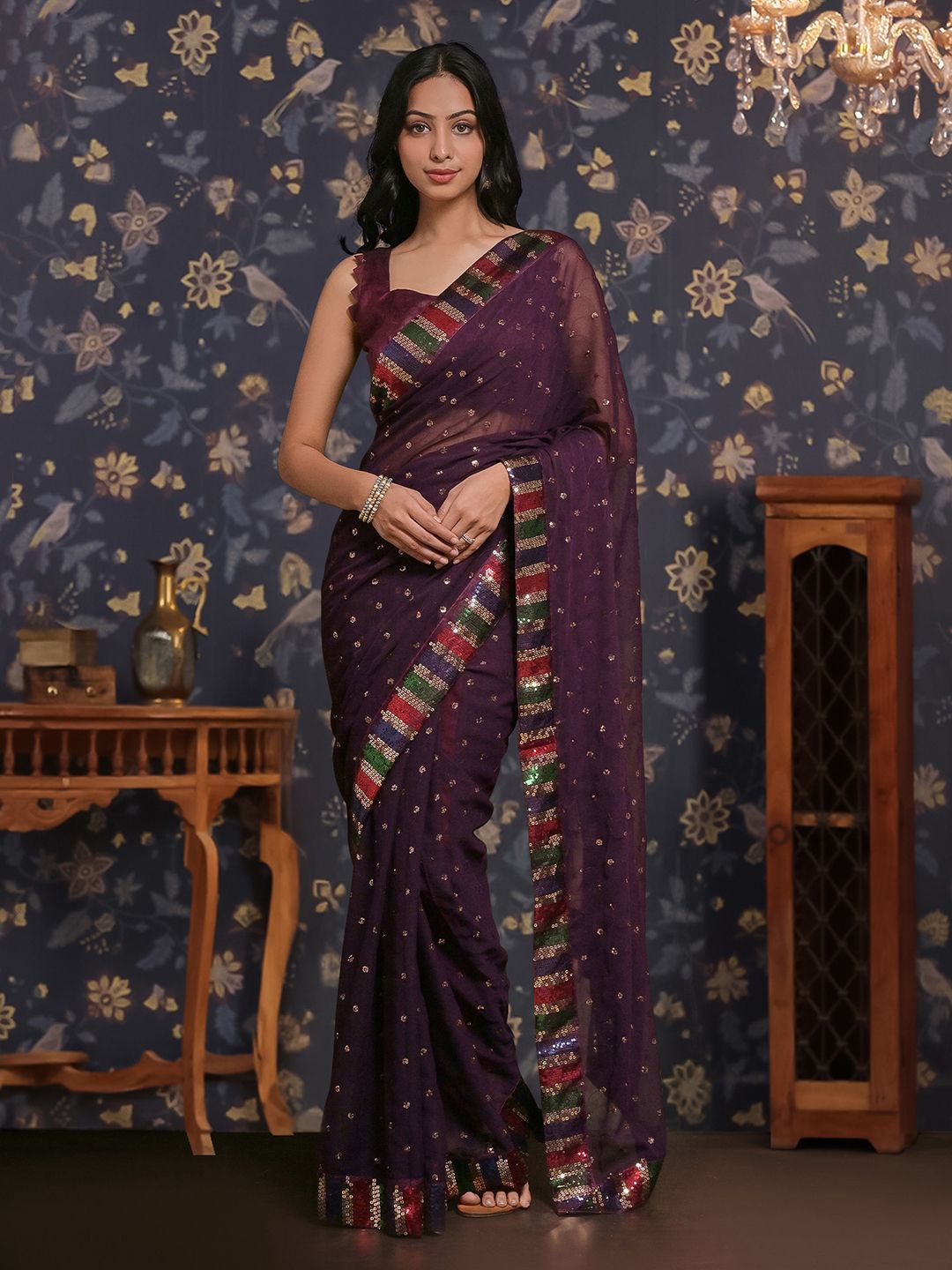 

House of Pataudi Sequin Patta Geaorgette Party wear saree, Purple