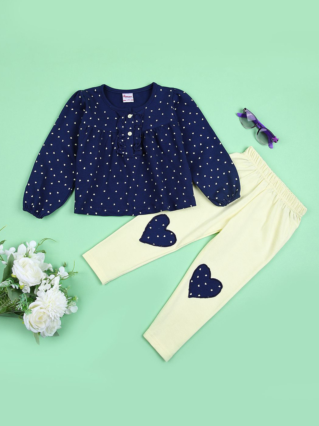

V-Mart Girls Printed Round Neck Long Sleeves Pure Cotton Top With Trouser, Navy blue