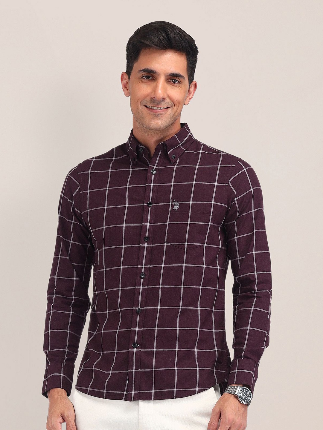 

U.S. Polo Assn. Men Classic Tailored Fit Opaque Checked Casual Shirt, Maroon
