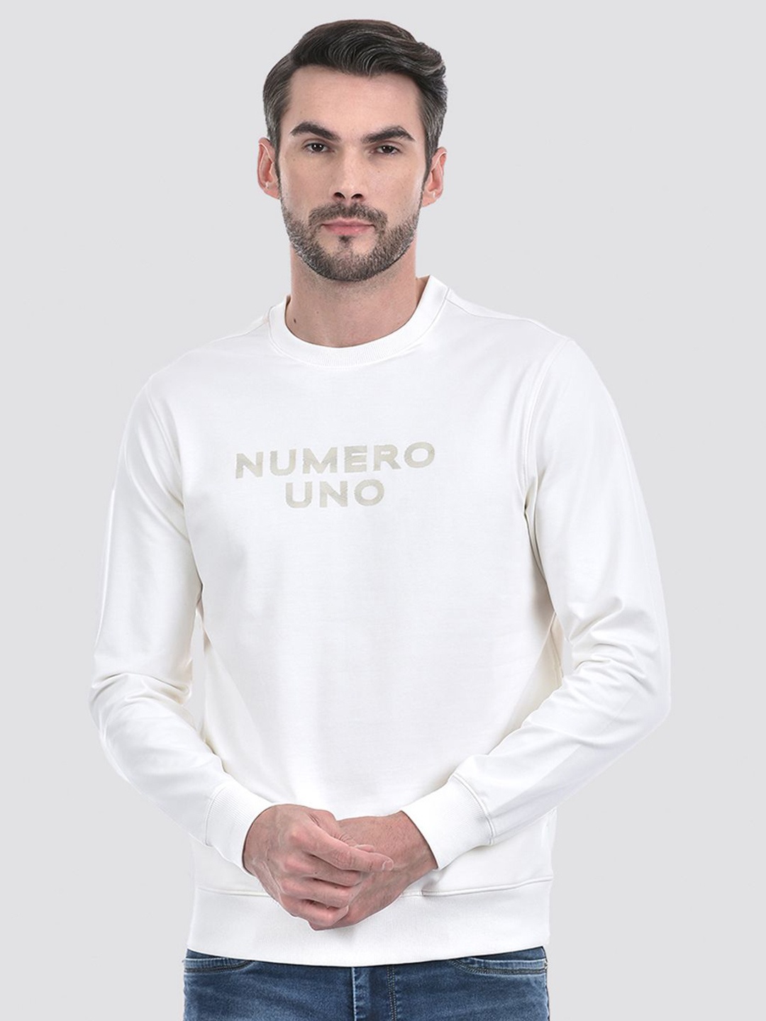 

Numero Uno Men Brand Logo Printed Cotton Sweatshirt, White