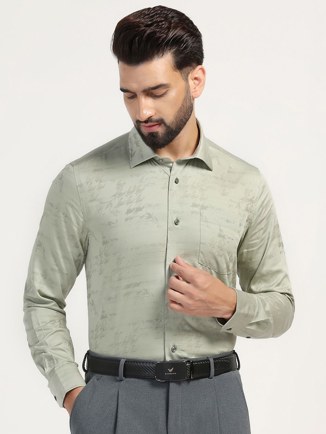 

Blackberrys Men India Slim Spread Collar Floral Printed Cotton Slim Fit Formal Shirt, Olive