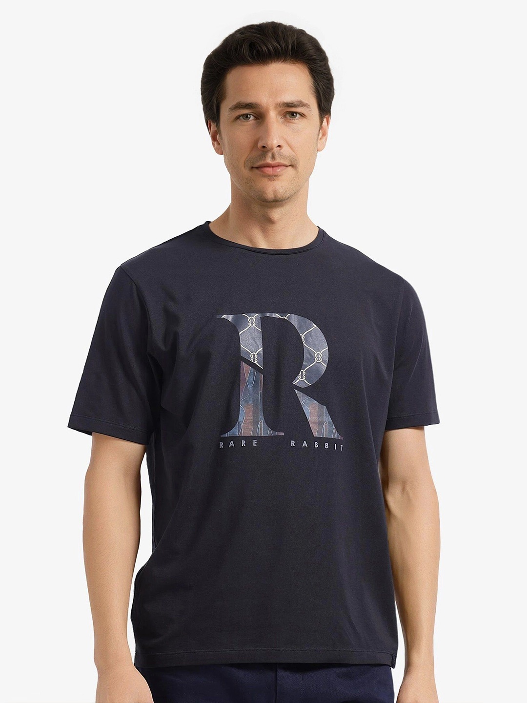 

RARE RABBIT Men Typography Printed Round Neck Cotton T-shirt, Navy blue