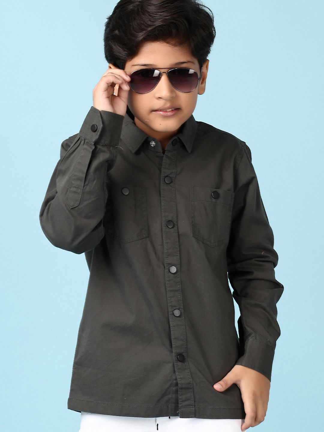 

V-Mart Boys Spread Collar Solid Cotton Casual Shirt, Olive