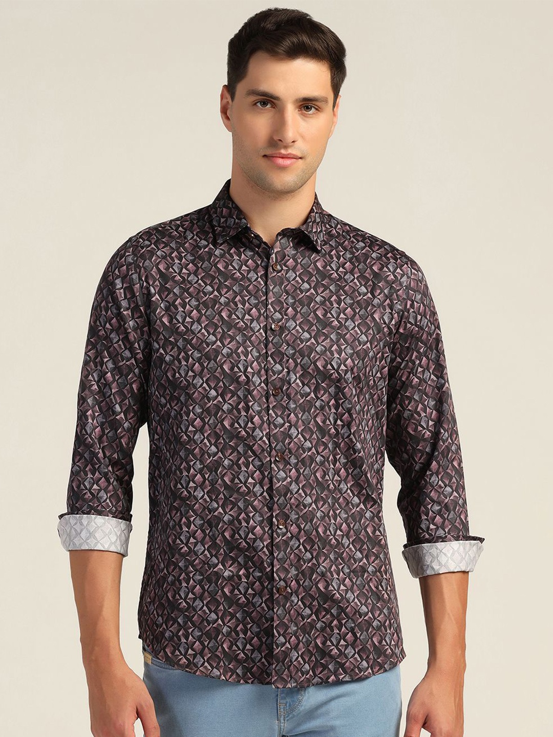 

Blackberrys Men India Slim Spread Collar Graphic Printed Cotton Slim Fit Casual Shirt, Purple