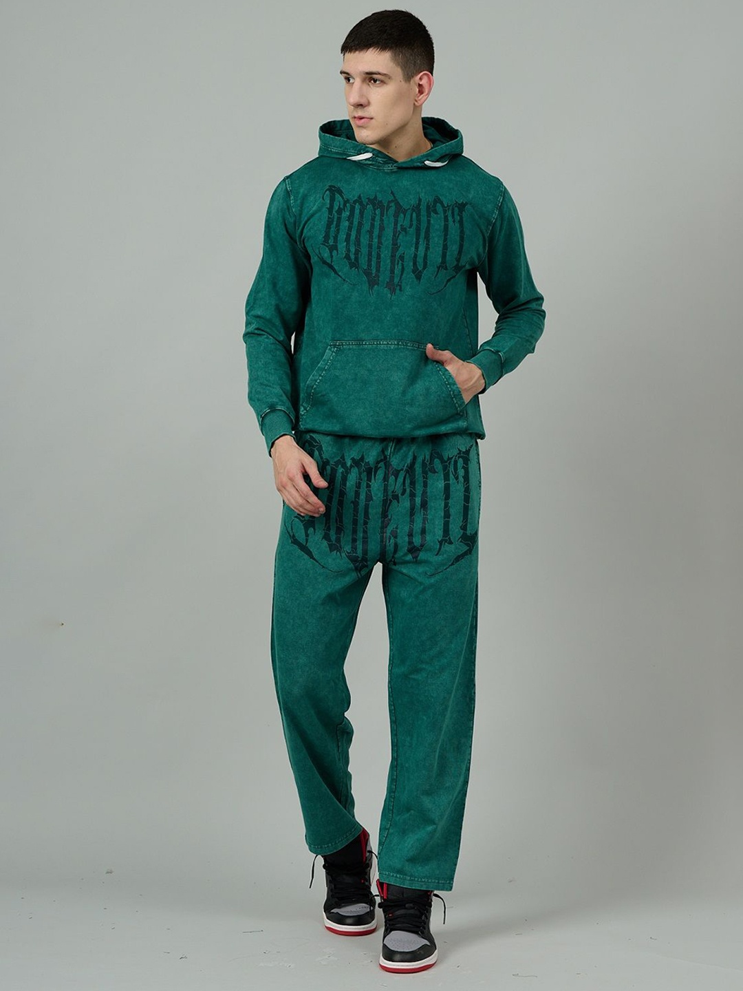 

GO DEVIL Graphic Printed Hooded Oversized Fleece Sweatshirt With Jogger, Sea green