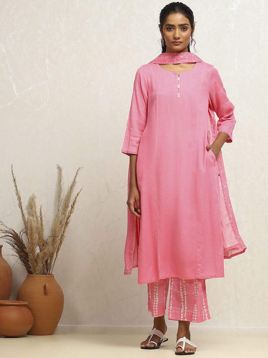 

Biba Pure Cotton A-Line Kurta With Palazzo & Dupatta, Pink