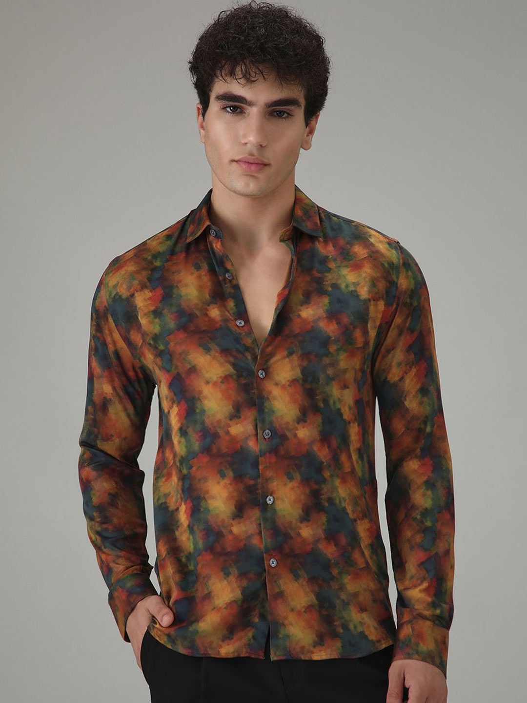 

Banana Club Men Classic Slim Fit Opaque Printed Casual Shirt, Orange