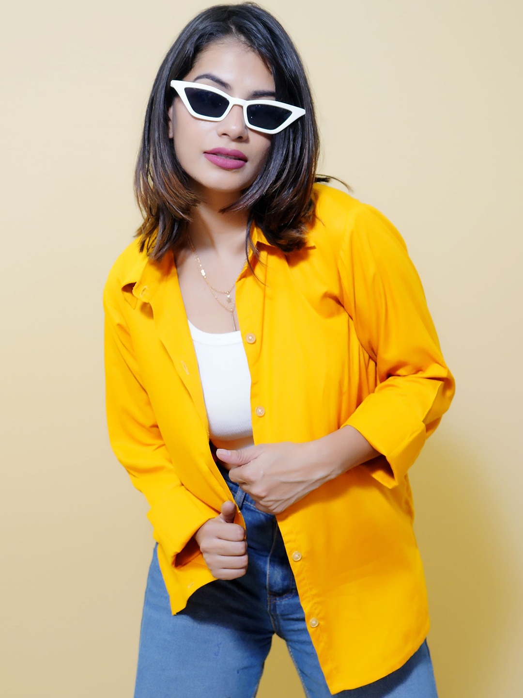 

CRAZEVILLA Women Classic Spread Collar Solid Casual Shirt, Yellow