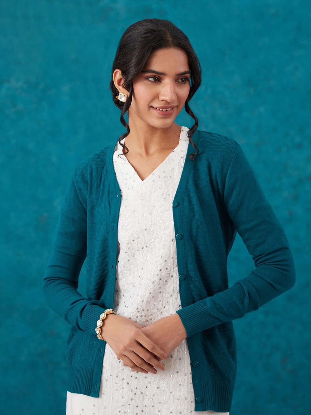 

Likha Women Self Design Long Sleeves Cardigan, Green