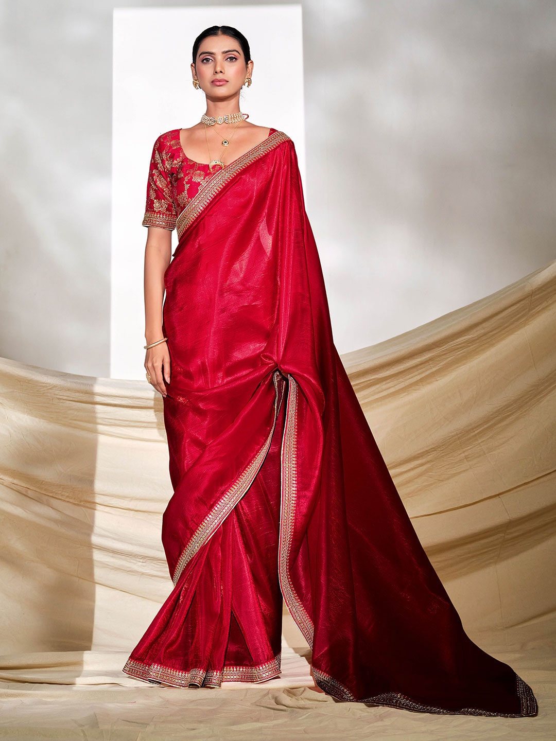 

TANNAH Embroidered Organza Saree, Maroon