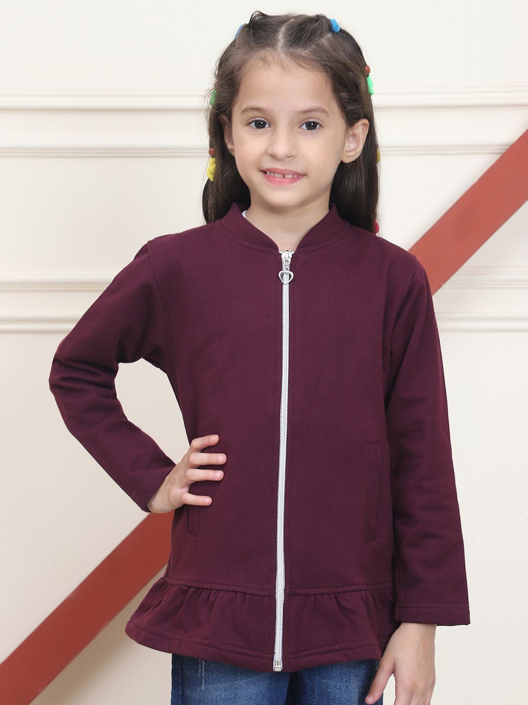

MINI & MING Girls Solid Mandarin Collar Sweatshirt, Burgundy