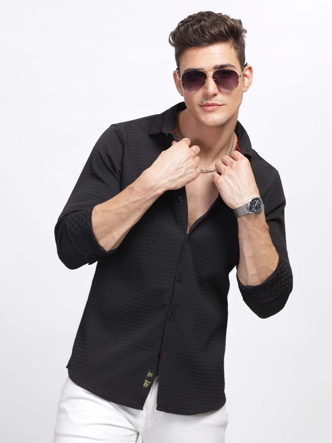 

HOUSE OF MAHNOTS Men Classic Spread Collar Textured Casual Shirt, Black