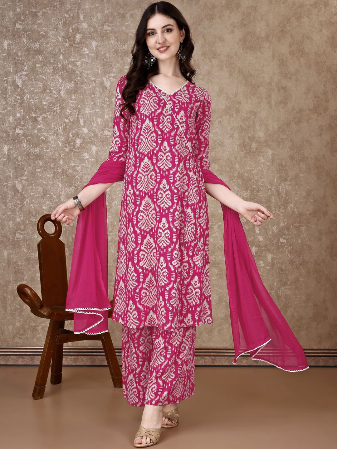 

KALINI V-Neck Ethnic Motifs Printed A-Line Kurta with Palazzo & Dupatta, Pink