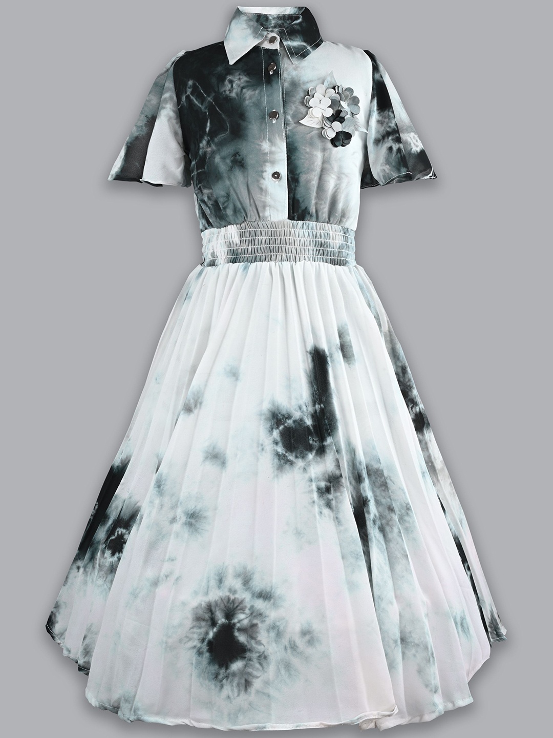 

Wish Karo Girls Tie and Dye Shirt Collar Fit & Flare Dress, White