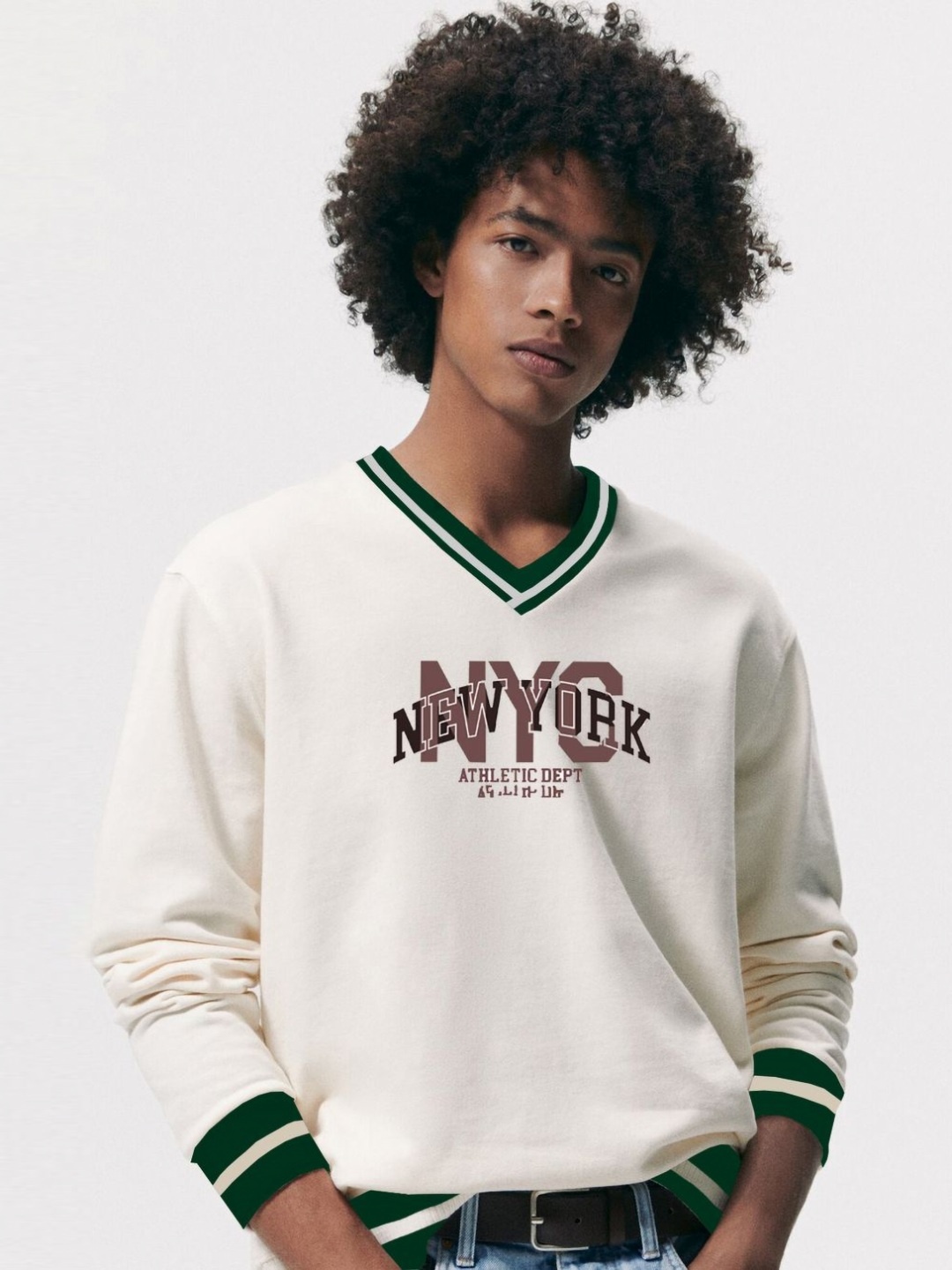 

Genzy Men Typography Printed V-Neck Oversized T-shirt, Cream