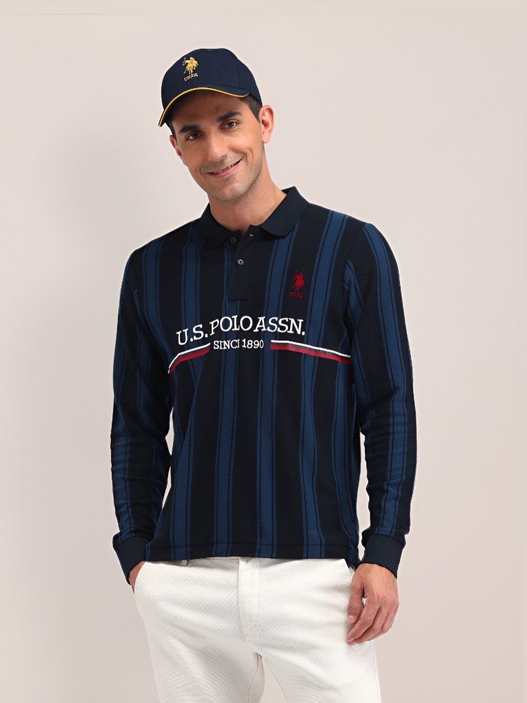 

U.S. Polo Assn. Men Brand Logo Striped Polo Collar Slim Fit T-shirt, Navy blue