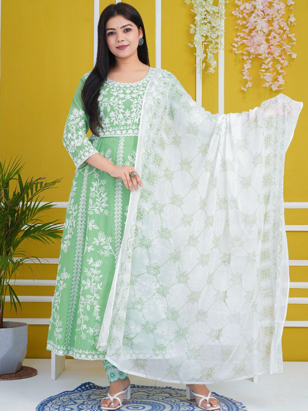 

Fabinn Floral Embroidered Pure Cotton Anarkali Kurta With Trouser & Dupatta, Green