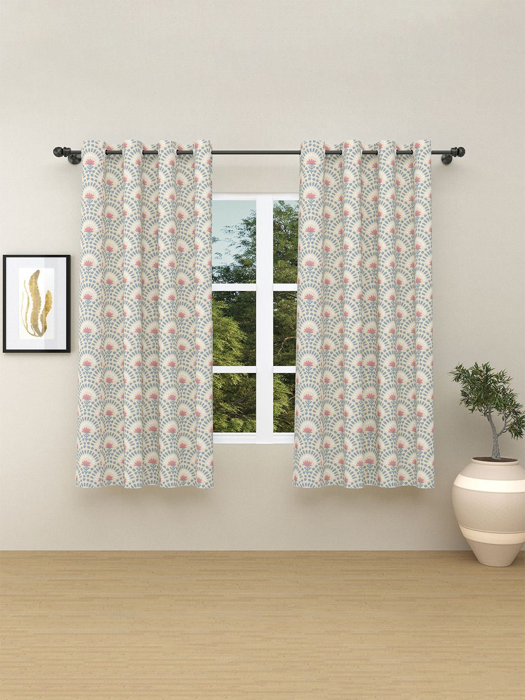 

haus & kinder White & Blue 2 Pieces Floral Pure Cotton Room Darkening Window Curtains