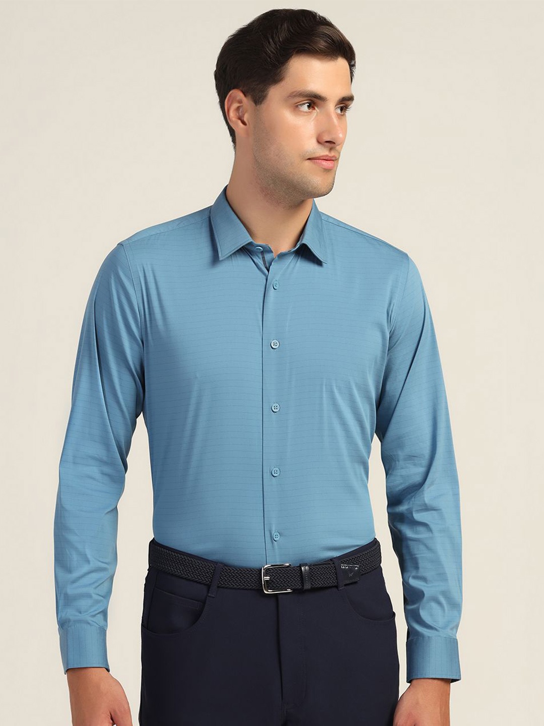 

Blackberrys Men India Slim Spread Collar Horizontal Striped Cotton Slim Fit Formal Shirt, Blue