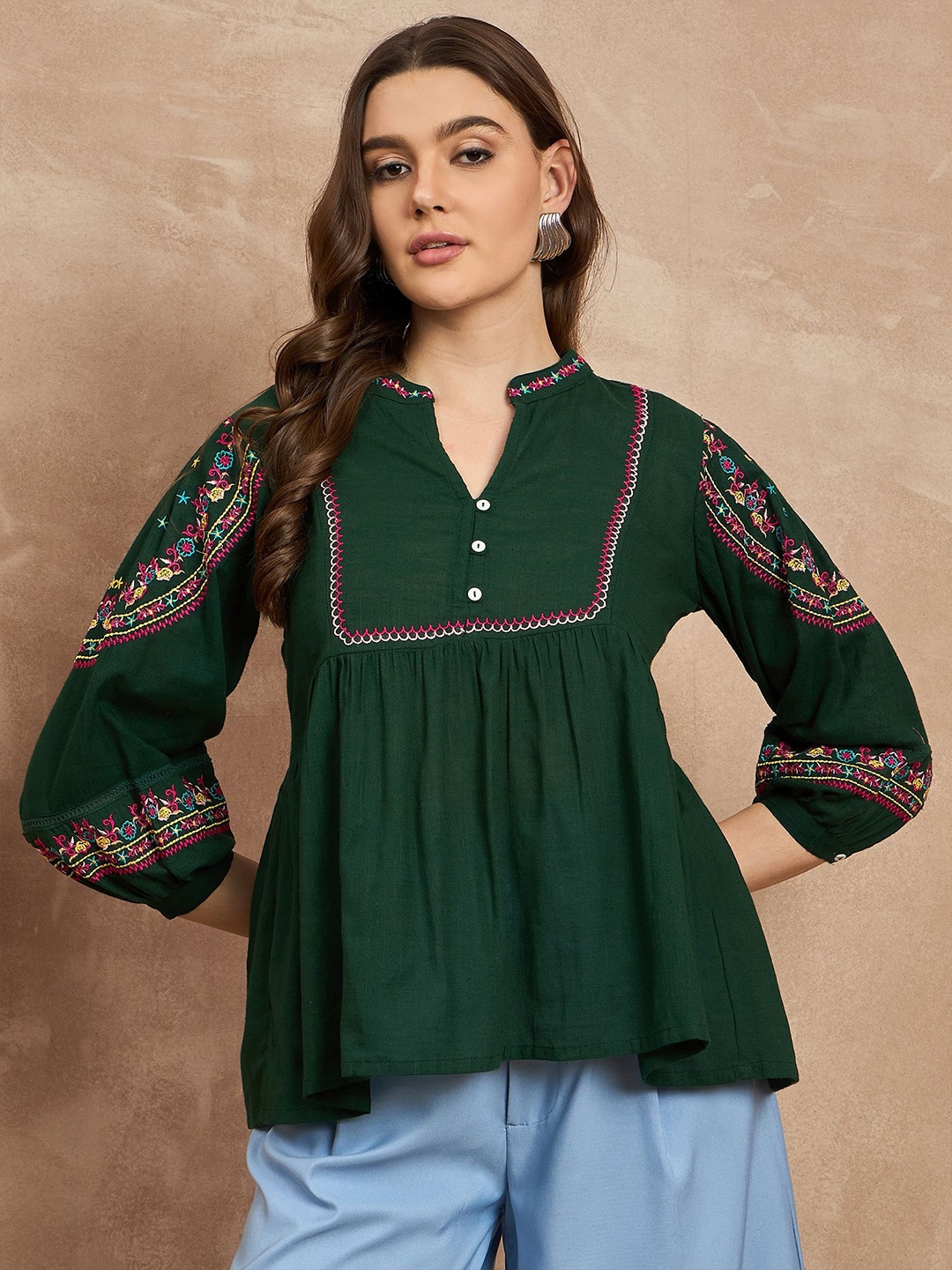 

all about you Women Cotton Mandarin Collar Floral Ethnic Top, Green