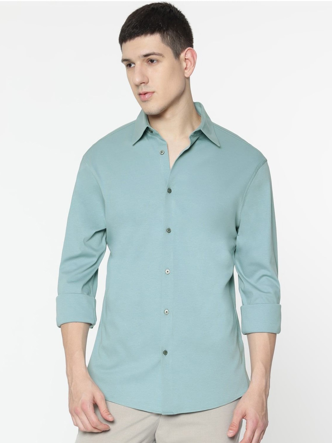 

Marks & Spencer Men Spread Collar Solid Cotton Slim Fit Casual Shirt, Turquoise blue