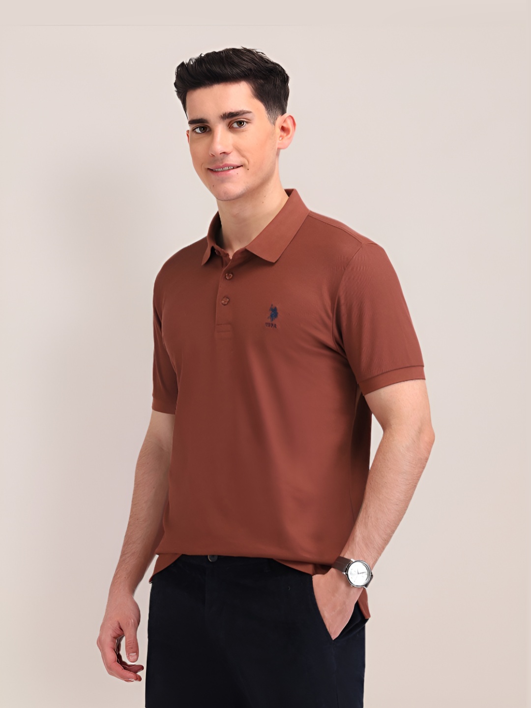 

U.S. Polo Assn. Men Solid Polo Collar Cotton Slim Fit T-shirt, Rust