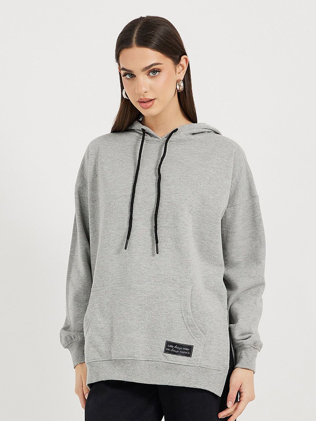 

Styli Women Oversized Fit Longline Hoodie With Badge & Side Slits, Grey