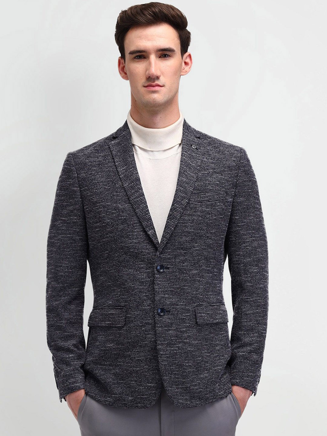 

Arrow Self-Design Notched Lapel Slim-Fit Single Breasted Blazers, Navy blue
