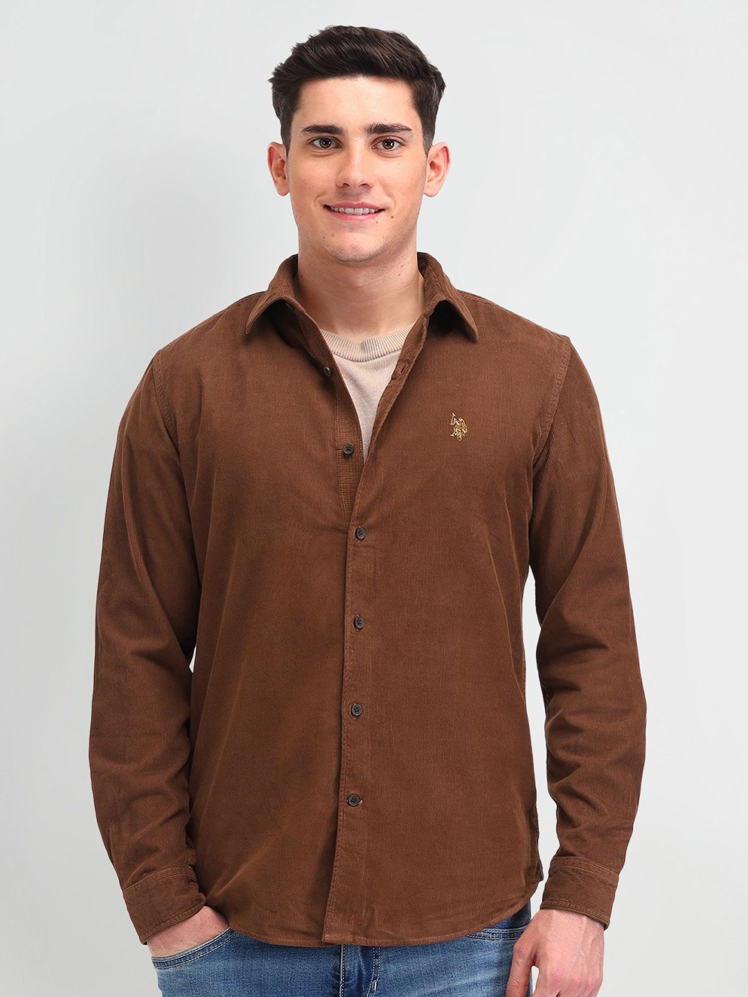 

U.S. Polo Assn. Denim Co. Men Manhattan Spread Collar Solid Cotton Slim Fit Casual Shirt, Brown