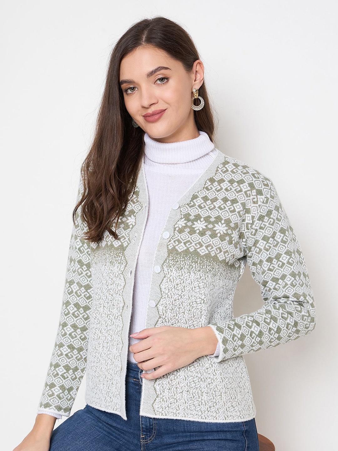 

Zigo Women Floral Woollen Cardigan, Green