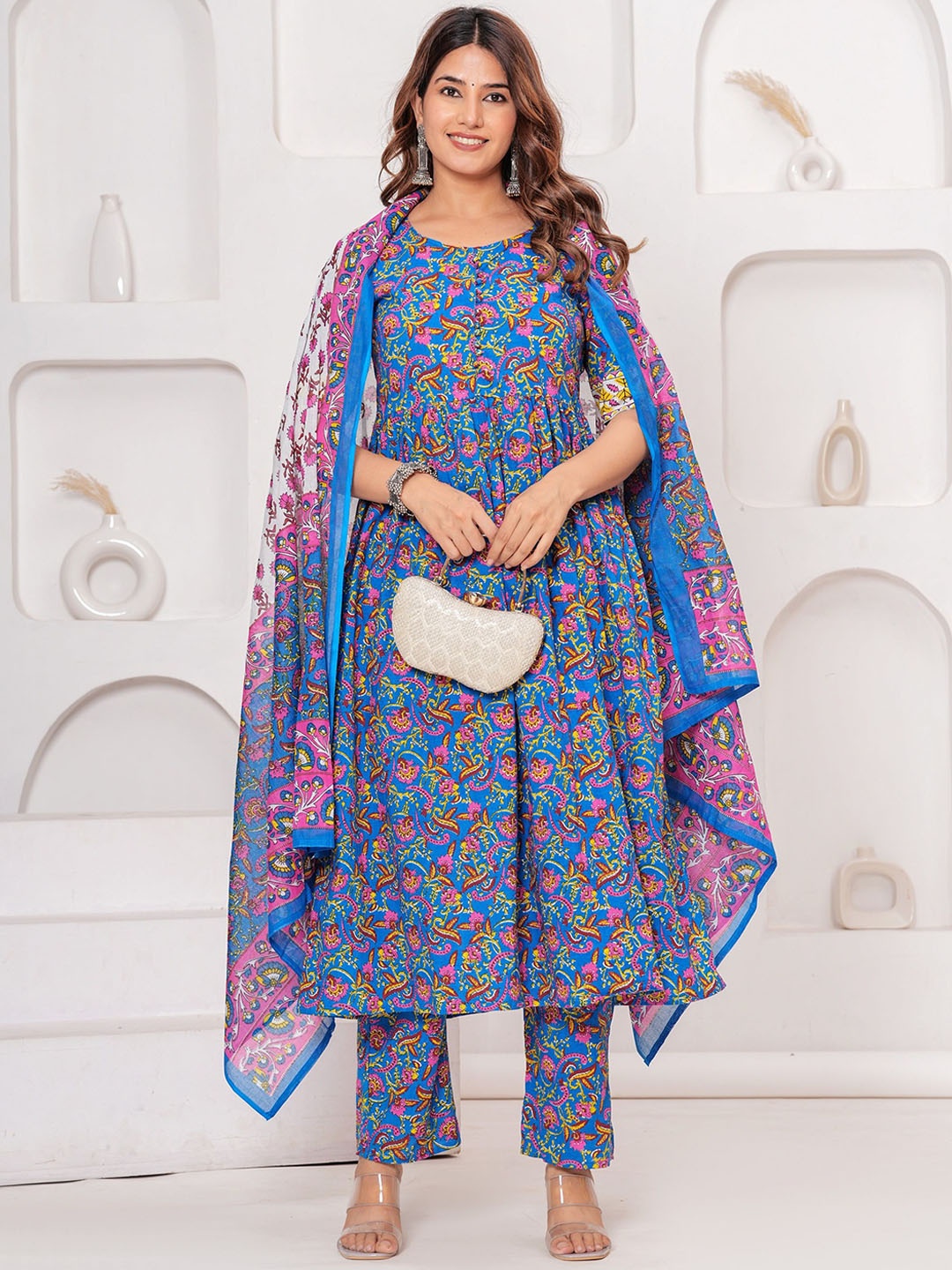 

JAFFRY EMBROIDERY Floral Printed Pure Cotton A-Line Kurta with Trousers & Dupatta, Blue