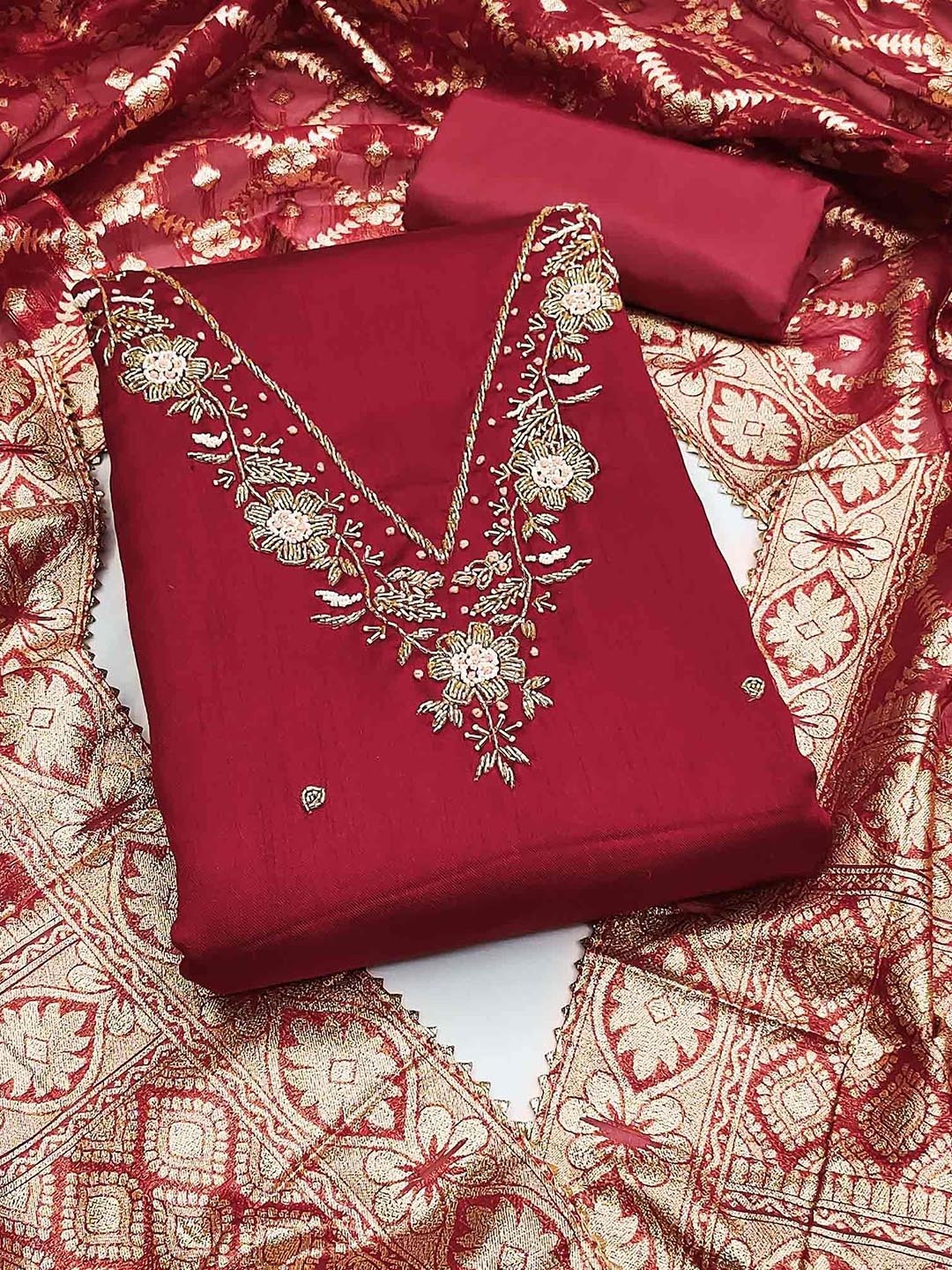 

Peachmode Floral Embroidered Beads and Stones Unstitched Dress Material, Maroon