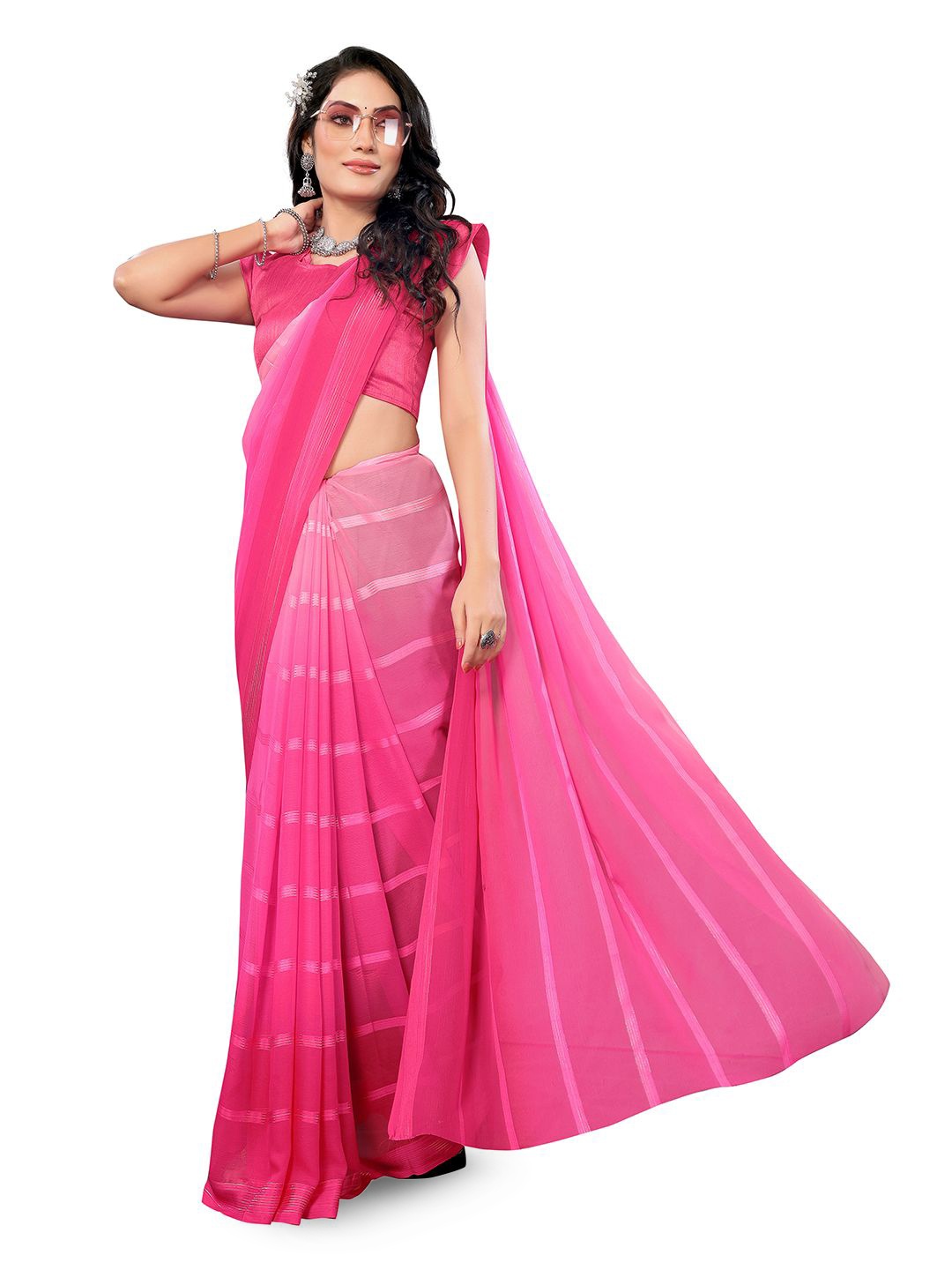 

Moda Rapido Striped Saree With Unstitched Blouse Piece, Pink