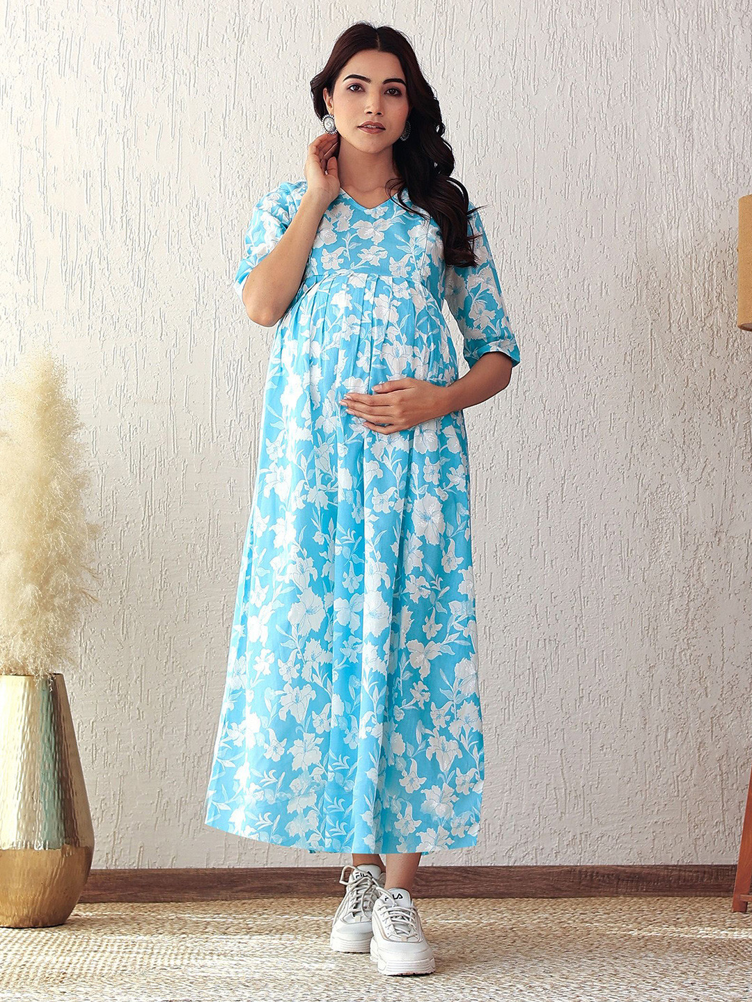 

GMI Women Floral Printed Maternity Fit & Flare Maxi Dress, Blue