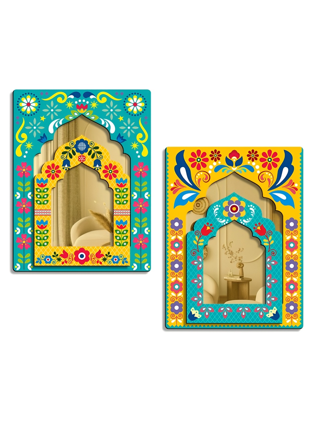 

SEHAZ ARTWORKS Blue & Yellow 2 Pieces Wooden Jharokha Wall Decor