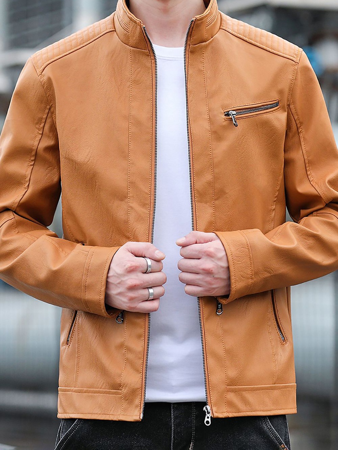 

StyleCast x Revolte Men Mock Collar Solid Casual Leather Jacket, Orange