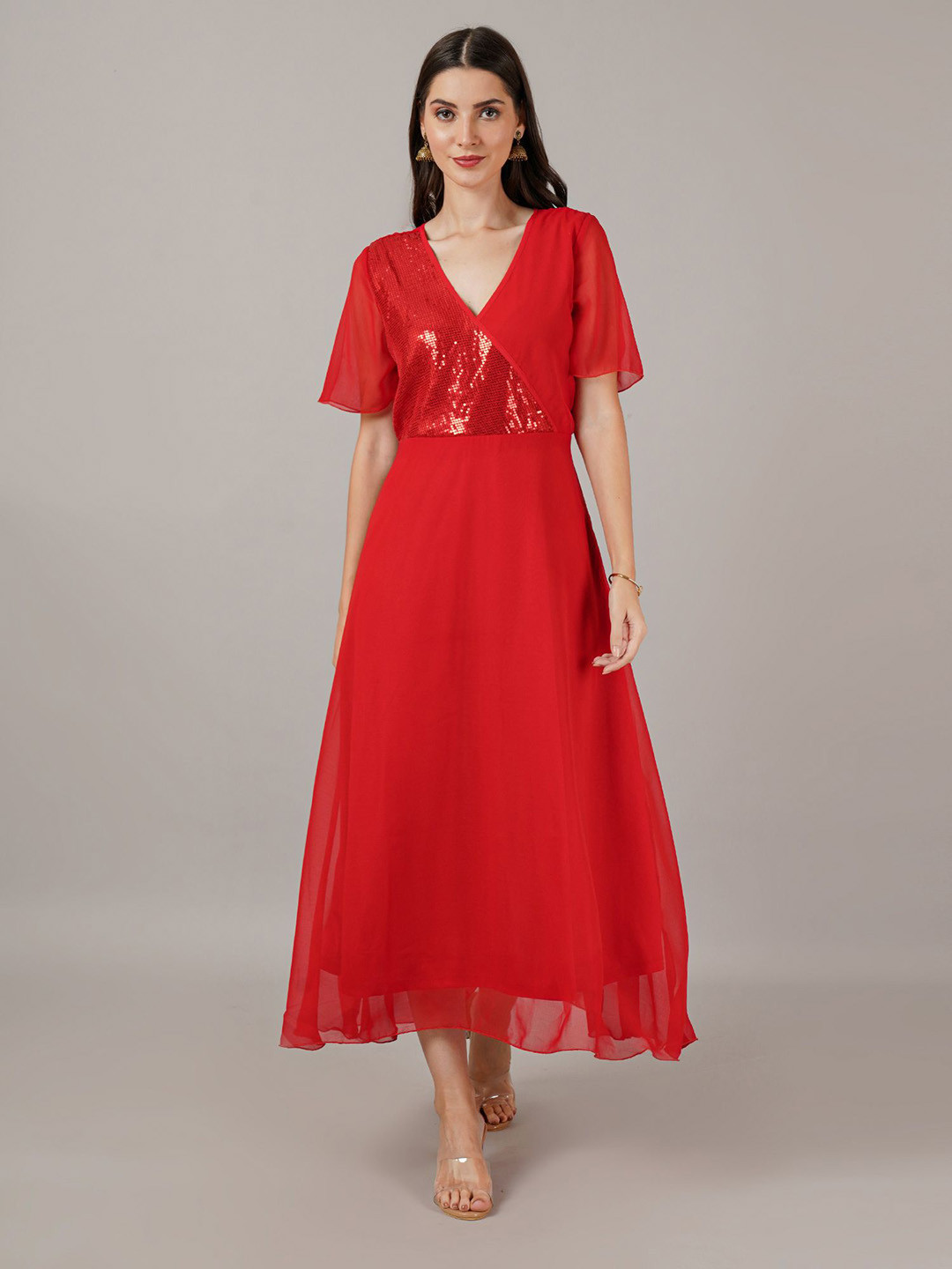 

Curvydrobe Women Flared Sleeve Maxi Dress, Red