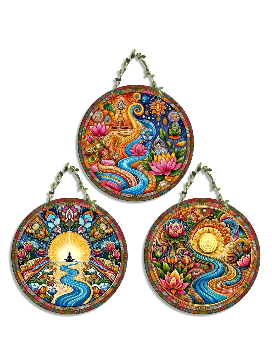 

SEHAZ ARTWORKS Blue & Red 3 Pieces Printed Wooden Wall Hangings