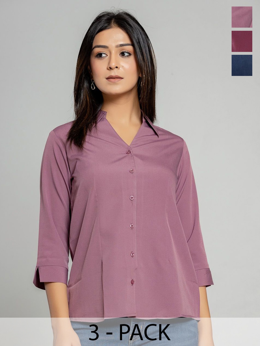 

Aanys Culture Women Pack Of 3 Classic Spread Collar Solid Crepe Casual Shirts, Mauve