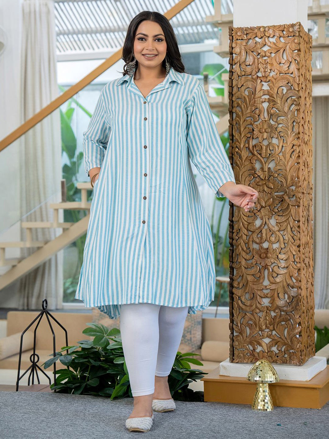 

KAAJH Plus Size Striped Shirt Collar A-Line Kurta, White