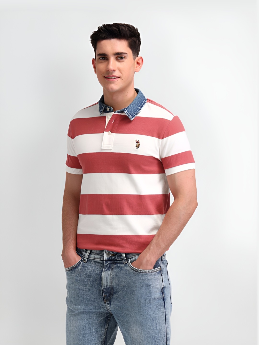 

U.S. Polo Assn. Denim Co. Men Striped Polo Collar Cotton Slim Fit T-shirt, Coral