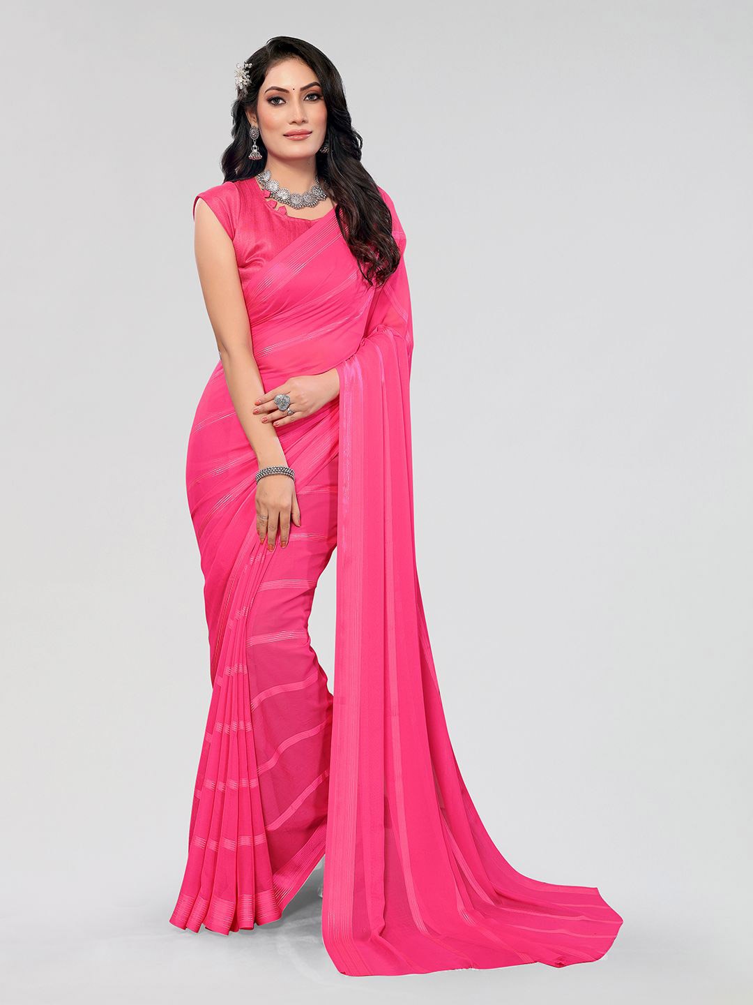 

Moda Rapido Striped Satin Saree, Pink